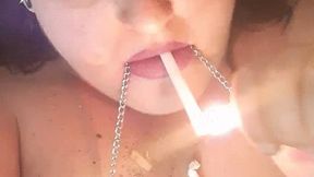 Filthy bbw Smoking with nipple clamps on, covered in ashes and cigarette butts