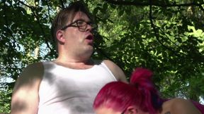 Colored hair big ass tattooed chick just love sudden sex with the passerby in the forest