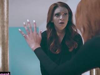 Redhead teen meets a beautiful shemale through a mirror