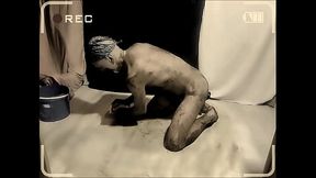 naked pathetic real dirty pathetic slave with tiny uncut penis after mud wrestling tied up, cleans his chamber, with dildo in gay ass makes more fun, CMNM