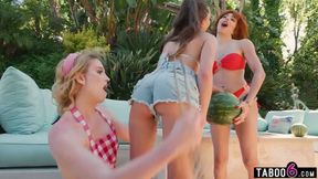 Two shemales fuck teen Aften Opel in BBQ threesome and each other