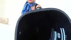 Sniff my extremely sweaty feet and cum! Rubber boots mistress