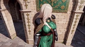 Blonde Knight's Afternoon! Green Uniform Golden Mechanical Arms, Lazily Contemplating in Ancient Stone Ruins.