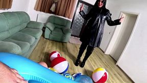 inflatable humiliation in leather. beach ball popping, deepthroat, doggy and cum play preview