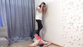 Girl in new pink Nike sneakers walks on body of lying guy (1400, 720p)