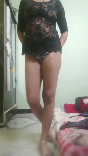 Desi Girl in Black Sheer Top & Panty - Transparent Tease
