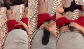 Sweaty sock soaked in thick cum while jocking tight nike socks