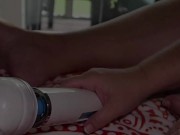 BBW makes me cum using a Hitachi Magic Wand sleeve. POV Intense vibrator male cum shot