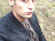 Middle eastern guy outdoor jerking in the camp