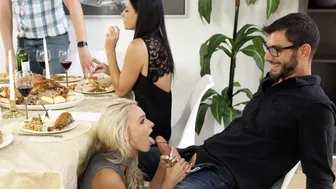 Two Mature Women Dominate a Young Stud and Savor His Creamy Finish During a Holiday Feast