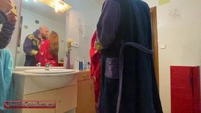 bts pamela sanchez in toilet seduces her roommates boyfriend to fuck hard in the bathroom by a big cock. swinger wife takes a young cock while her husband watches and records.
