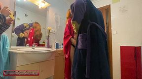 bts pamela sanchez in toilet seduces her roommates boyfriend to fuck hard in the bathroom by a big cock. swinger wife takes a young cock while her husband watches and records.