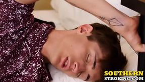 Cutie grips his partners ball sack and sucks on his shaft