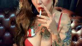 Chubby stepmother wearing red lingerie she received from her stepson - Marlboro Reds