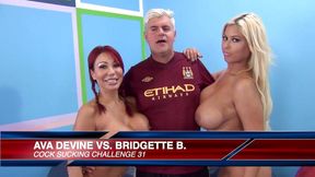 Busty pornstars Bridgette B and Ava Devine in cock sucking foursome