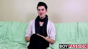 Interview leads to twink masturbating and using a big dildo