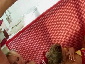 Funny Food Scene 2: Couple of Blonde Waitresses Fucking in Lingerie in a Foursome Covered in Cream