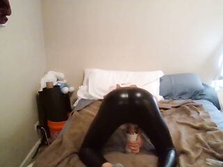 Kitty Kat Trans Hotty in Faux leather leggings screws her sextoy