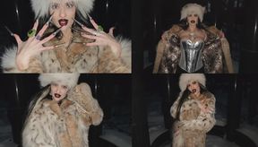 A gothic witch seduces you during a winter snowstorm with her black magic rituals, long nails and fur.