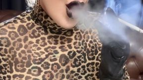 Winston 100s - Black, smoky lips are irresistible, join me - Dangling, Deep Inhales, Multiple pumps, Puffs, Nose exhales, Vinyl pants, Leopard top, Leather gloves, Makeup, Black lipstick