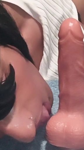 Naughty Trans Honey with Glossy Eyes Worships Cock with Bible in the Background