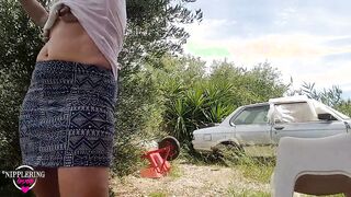 nippleringlover vulgar mom flashing intense spread pierced nipples, chained pierced cunt beauty asshole outside