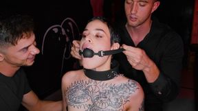 Submissive inked temptress enjoys being controlled by two dominant studs in intense BDSM play