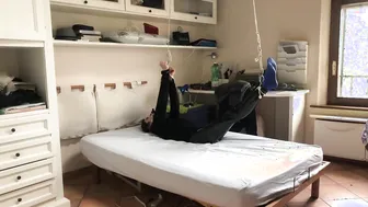 Young gay fetish teen restrained in leather trousers bondage