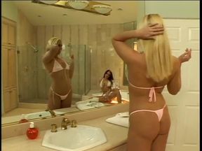 Guy gets head and fucks two sluts in bikinis in his house