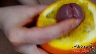 Close up yummy foodjob and ruined orgasm from Mistress Hot Lips. Dessert with cum and orange juice.