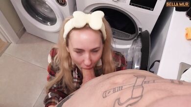 Laundry day with the juicy neighbour deep throat cum on face doggy style