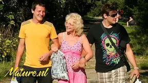 Passionate Kinky Granny Gets Fucked Outdoors By Two Hung Studs