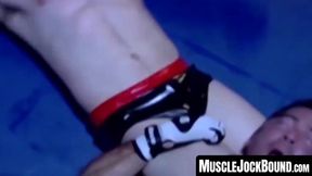 MuscleJockBound.com - Inked hunk choked and dominated in a rough BDSM match, defeated