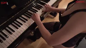 Hot 18-year-old brunette plays piano and masturbates with huge dildo