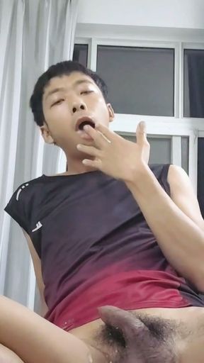 Cute Asian boy passionately masturbates, moans, ejaculates, and eats semen in the college office   Clip 2