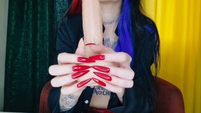 Red sharp long nails. Nail fetish shows on dildo.