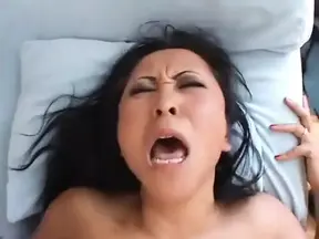 Crude Asian slut sucks beefy boner then gets tight bald muff drilled for cumload