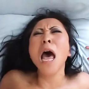 Crude Asian slut sucks beefy boner then gets tight bald muff drilled for cumload