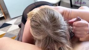 Mature blonde Diana Douglas swallows cum while sucking schlong in black pantyhose