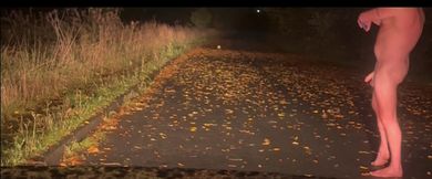 Barefoot naked wanking side of road