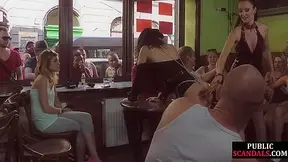 BDSM public slut whipped in public pub in front of