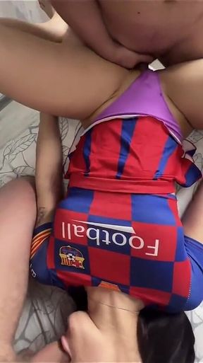 Hot Cheerleader with a Big Ass Fucks Two Cocks