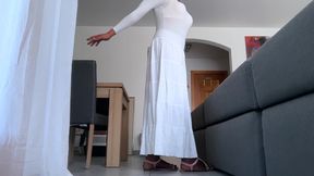 Sweet Femboy in her feminine white outfit and nylon and show ass and cock