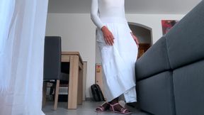 Sweet Femboy in her feminine white outfit and nylon and show ass and cock
