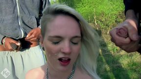 teen cum slut carly rae has her boyfriend take her to the woods to suck off perverted older guys while they fuck