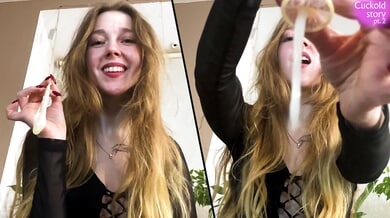 Blonde hangs upside down as she takes cumshot in the eye