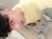 Peeing to the sink with uncut cock