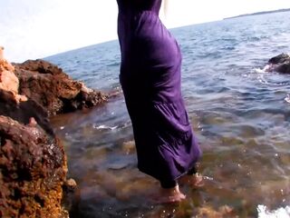 Nasty blond with large bazookas and ebony nylons hard banged on the beach