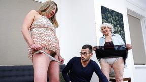 ”Young stud fucks lustful grandma & unshaved wifey in threeway”