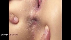 Megumi Shino enjoys double penetration with toys and anal dildo on her knees